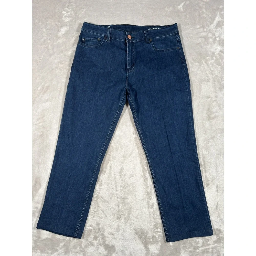 Mugsy Studio Blues Jeans Mens 36x28 Blue Dark Wash Stretch Flex Fit 5 Pocket EUC